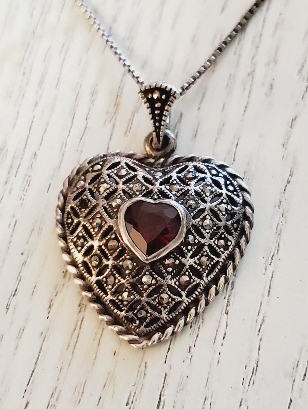 925 Silver Heart Pendant Garnet gemstone surrounded by Marcasite accents